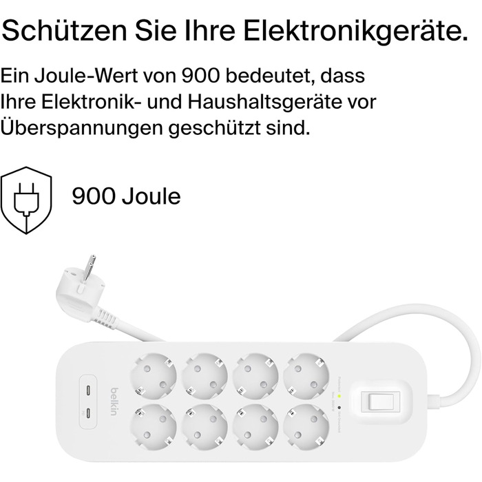 Розетковий подовжувач Belkin із захистом від перенапруги, настінний, 8 розеток, мережевий кабель 2 м, зелений індикатор, 2 порти U