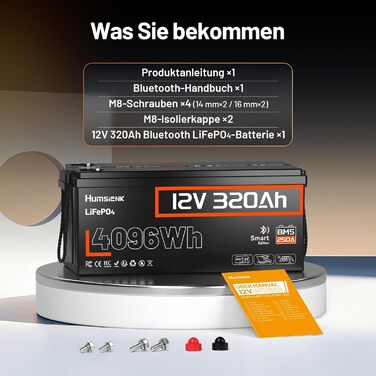 Літій-іонний акумулятор HumsiENK 12V 320Ah LiFePO4 з Bluetooth, 250A BMS, понад 15 000 циклів, захист IP65 та захист від низьких температур, енергія 4096 Втгод. Ідеально підходить для автофургонів. 12V 320Ah Bluetooth-250A