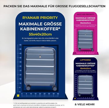 Розширювана валіза Aerolite з можливістю розширення від 55x40x20 см до 55x40x23 см, Lufthansa, Eurowings, Condor, Wizz, Air Priority та інші, максимальний розмір, легка, тверда, для ручної поклажі, 55x40x20 см, 55x40x23 см, з 4 колесами, синя, 55x40x20 см