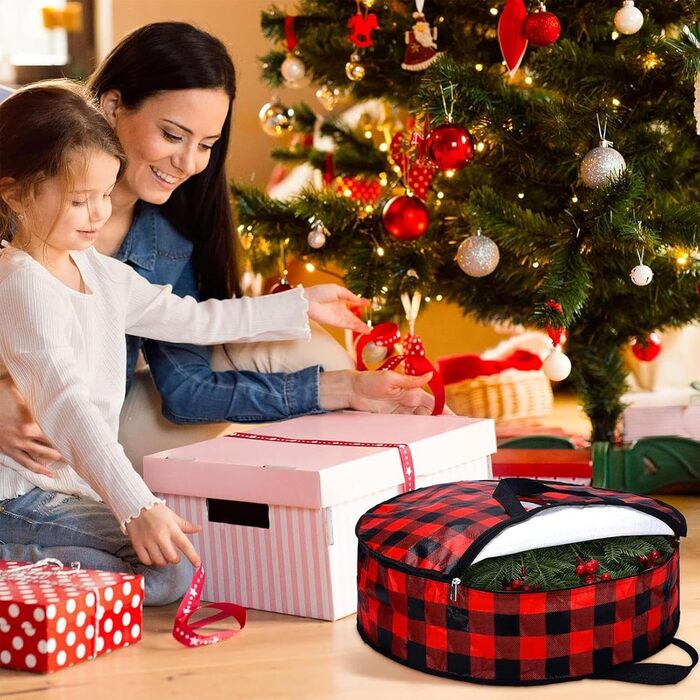 Контейнер для зберігання різдвяного вінка 2 шт. и, картатий візерунок Коробка на блискавці та ручкі для шафи, будинку, горища, підвалу, гаража, Різдва, спальні, гуртожитку 61 x 18 см