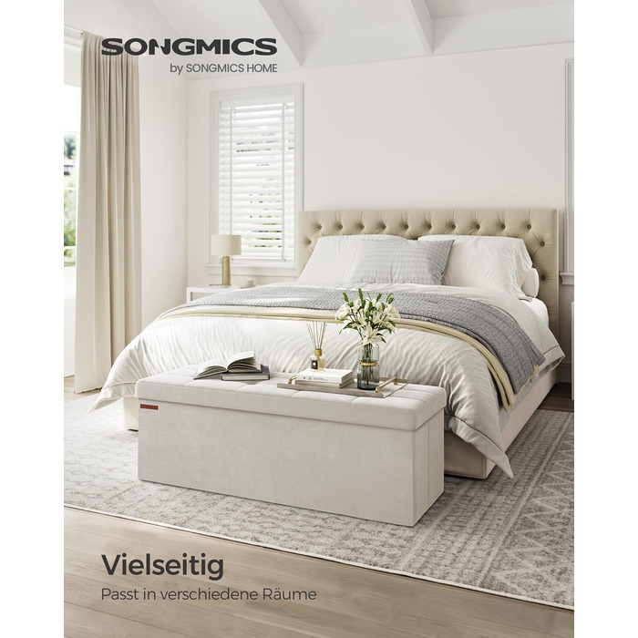 Пуф для зберігання SONGMICS, Складана лавка, 38 x 110 x 38 см Пуф для ніг, Коробка для зберігання, Вантажопідйомність до 300 кг, для вітальні, спальні, коридору, кремово-білий LSF277W01 Кремово-білий 110B см
