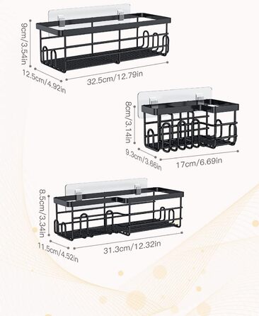 Душова полиця Uamector без свердління, 3 шт. Полиця для ванної кімнати, нержавіюча чорна Душова полиця для шампуню та гелю для душу (чорна) прямокутник 3 упаковки чорний