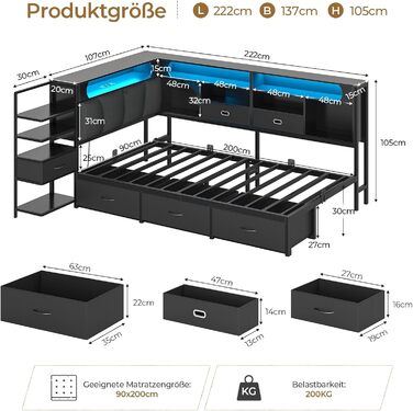 Дитяче ліжко DICTAC 90x200 см з 6 шухлядами, світлодіодним освітленням та зарядною станцією Багатофункціональний диван-ліжко з вбудованою тумбочкою та прихованим місцем для зберігання в узголів&39ї (чорний) 90x200 см