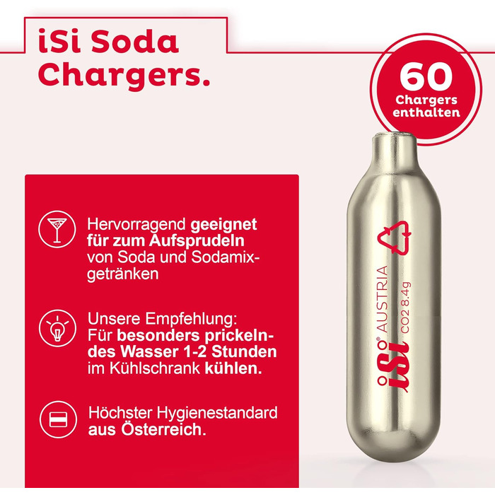 Капсули 8,4 г (упаковка 6x10) - Содові капсули підходять для Sodamaker Classic, Twist'n Sparkle & Gourmet Whip - Картриджі CO2 для смачних газованих напоїв та коктейлів - Зроблено в Австрії, 2