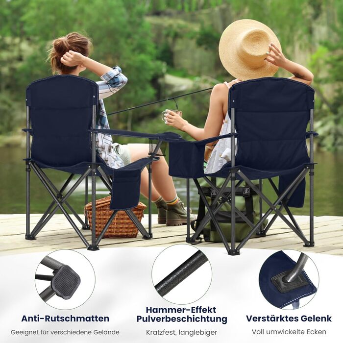 Складаний кемпінговий стілець HIGH POINT SPORTS, комплект з 2 шт. , вантажопідйомність 200 кг, м&39який складний стілець з підсклянниками, XXL складний рибальський стілець з підлокітниками, вуличний стілець, синій