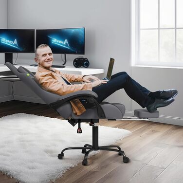 Ігрове крісло з масажем, сіре, ігрове крісло з підставкою для ніг, підголівником та масажною поперековою подушкою, ергономічне офісне крісло, регульована висота для геймерів, ігрова кімната, офіс