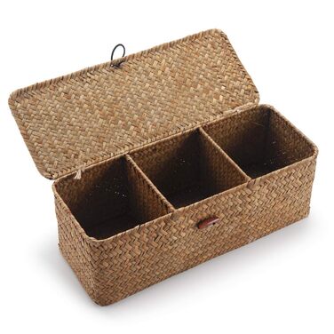 Кошик для зберігання з морської трави з кришкою, плетений кошик для зберігання у ванну кімнату, плетена скринька для зберігання у ванній кімнаті з 3 відділеннями (33 x 13 x 11 см)