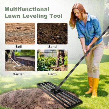Гребінь-рівняльник для газону 75x25 см з регульованою ручкою (213 см) та антиковзким покриттям, міцний інструмент для вирівнювання газону. Ідеально підходить для саду та подвір'я, чорний колір.