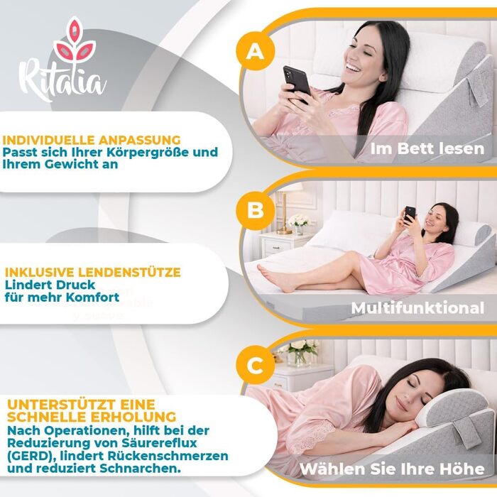 Подушка-клин Ritalia, 3 висоти, 60x60x30 см Подушка для спини для ліжка та для ніг Ергономічна подушка для сидіння з опорою для спини, ідеально підходить як подушка-клин для сну та покращення матраца, 60x60x30 сірого кольору