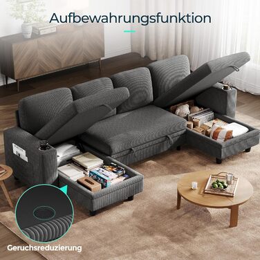 Розкладний диван LINSY HOME, кутовий диван з функцією сну, місцем для зберігання речей, вельветова оббивка, L-подібні модульні дивани з шезлонгом для віталень та квартир (темно-сірий, U-подібний) Темно-сірий U-подібний