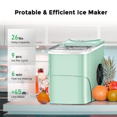 Машина для виробництва кубиків льоду Міні портативна, 15 кг / 24 год, компактна стільниця машини для виробництва кубиків льоду, 6-хвилинна швидка машина для морозива, самоочисний льодогенератор для дому, сріблястий, зелений