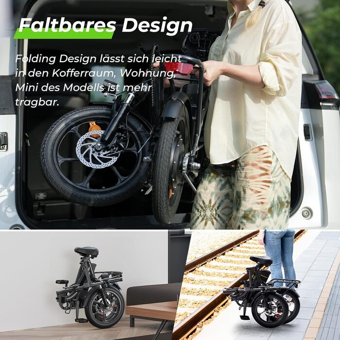 Складаний електровелосипед Finbike 16 * 2,15 дюйма з товстими шинами, портативний електровелосипед зі знімним акумулятором 10,4 Аг, 4 режими їзди, дальність PAS MAX 88 км, складний електровелосипед для чоловіків та жінок для поїздок на роботу, 16 дюймів б