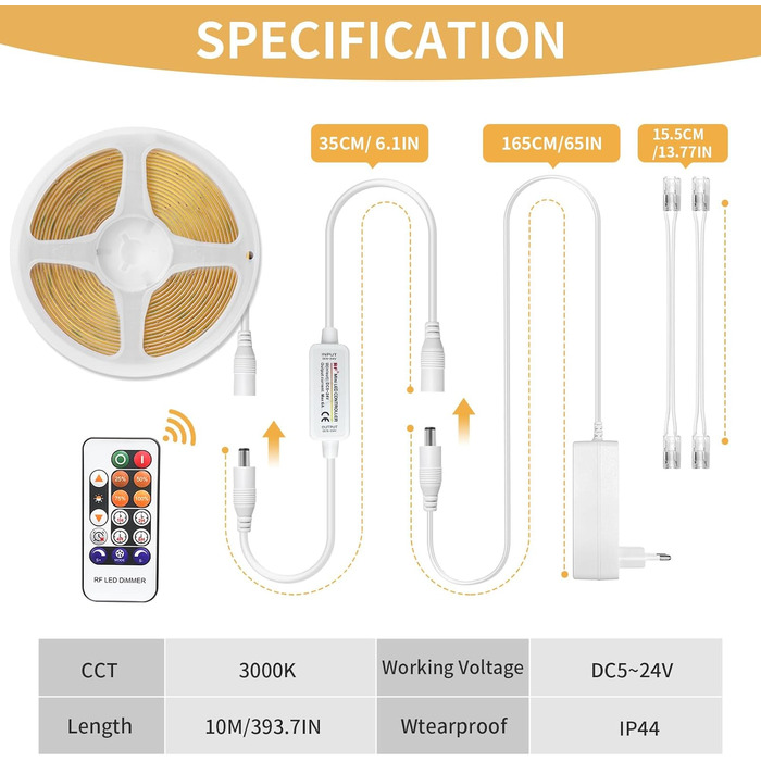 Світлодіодна стрічка COB тепла біла 5 м, світлодіодна стрічка з регулюванням яскравості 24 В 3000 К, стрічка світлодіодна самоклеюча водонепроникна IP44, світлова стрічка з блоком живлення та контролером для нижньої стійки, телевізор Кухня Вітальня DIY св