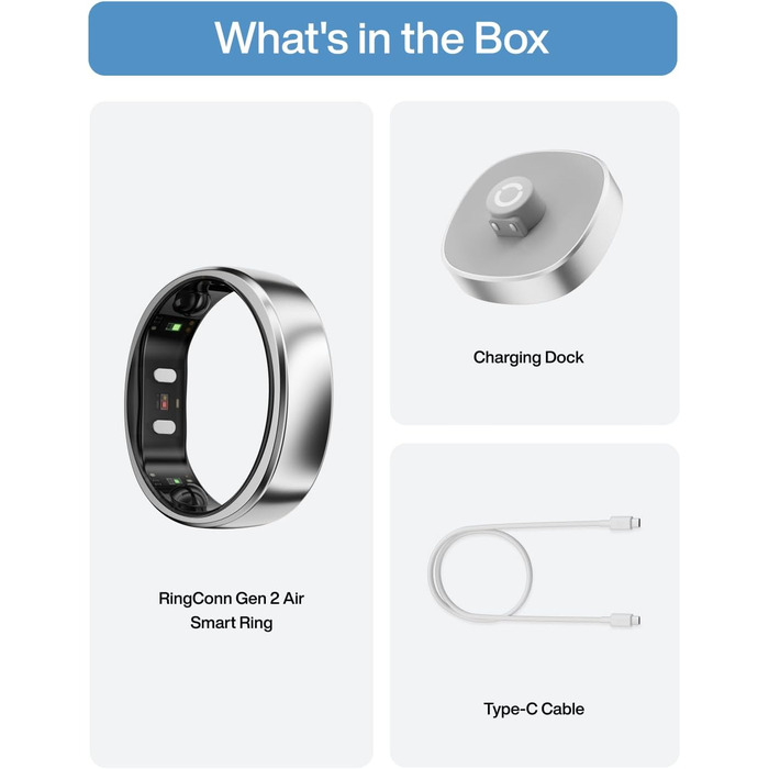 Надтонке смарт-кільце зі штучним інтелектом, 10-денний час роботи від батареї, трекер сну/стресу/серцевого ритму, смарт-кільця для чоловіків, водонепроникність IP68, сумісність з iOS та Android (Galaxy Silver, 8) 8 Silver, 2 Air