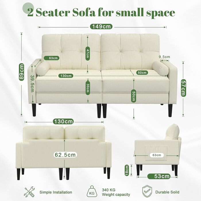 Місний диван, невелика кушетка з 2 подушками та підлокітниками, лляний диван у стилі середини століття для вітальні, спальні, бежевий кремовий колір, 2-