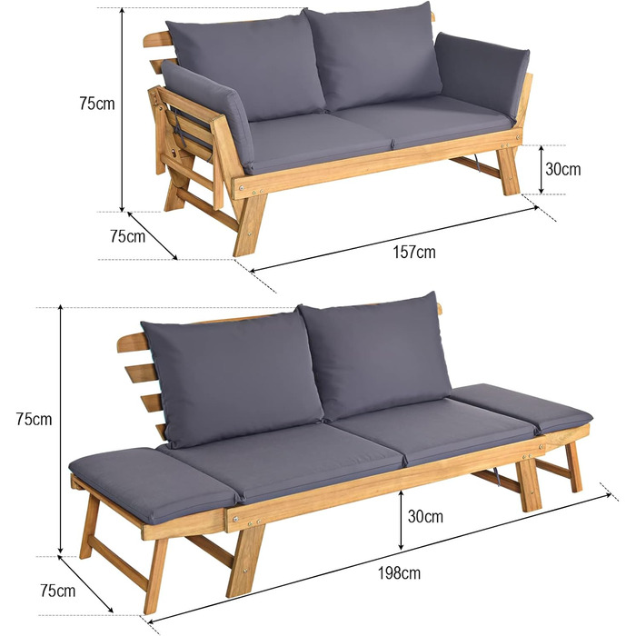 Садова лавка GOPLUS дерев'яна, садовий диван з функцією відкидання, 2-3-місна дерев'яна лавка зі складними бічними підставками, в т.ч. подушка, балконна лава, лавка вулична для саду, тераса, балкон, 157 x 75 x 75 см (сірий)
