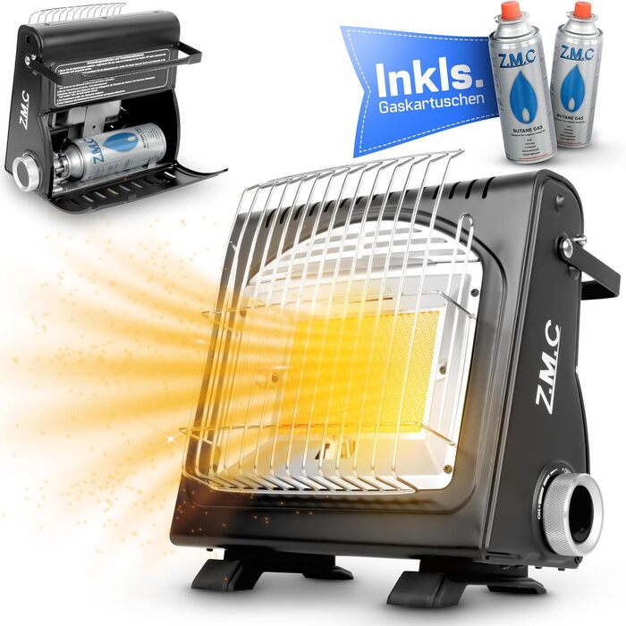 Портативний газовий обігрівач та газова плита ZMC 2-в-1 + 4 газові картриджі 227 г, керамічний кемпінговий обігрівач 1,7 кВт