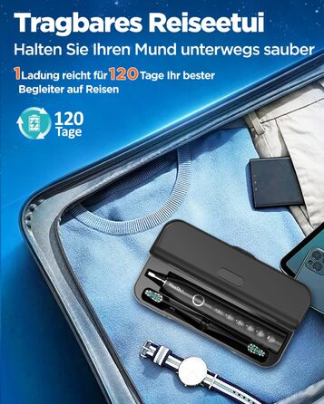 Електрична зубна щітка з 8 насадками (3 типи), звукова зубна щітка для дорослих, з таймером, до 120 днів роботи від акумулятора, 5 режимів чищення, дорожній футляр, настільна зарядна станція, колір чорний