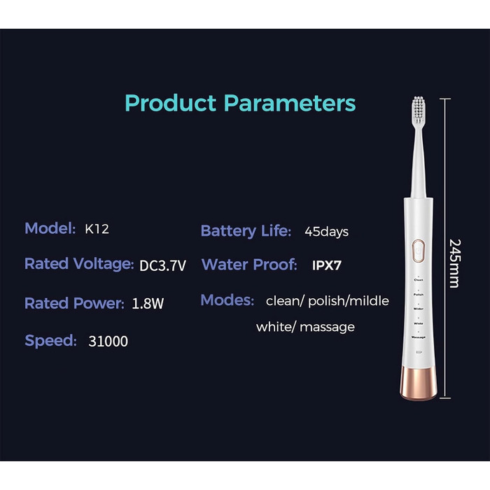 Електрична ультразвукова зубна щітка з 6 насадками, 5 режимів, акумуляторна батарея, працює 60 днів на повному заряді, 31000 вібрацій за хвилину, водонепроникність IPX7 (біла, доросла)