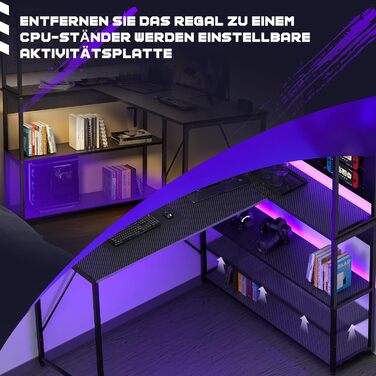 Г-подібний стіл Yansee, ігровий стіл з полицею, світлодіодне освітлення, порт зарядки USB, порт Type-C та розетка, кутовий стіл для домашнього офісу 120 x 50 x 75,5 см, чорний