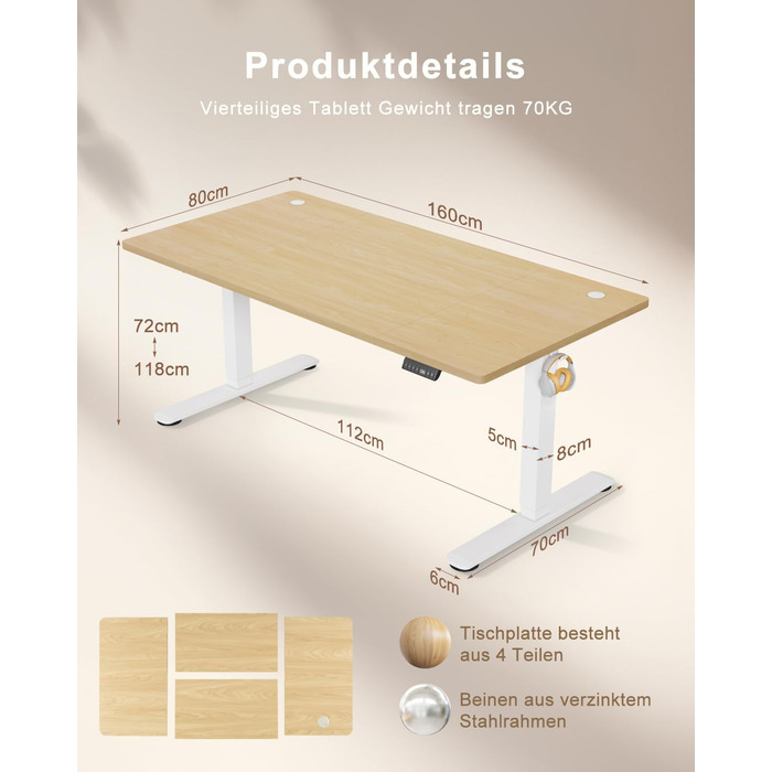 Стіл з регульованою висотою 160x80 з портом зарядки USB, 3 попередньо встановлені налаштування пам&39яті, стіл з регульованою висотою та органайзером для кабелів, комп&39ютерний стіл, стіл для роботи стоячи, бежевий 160 x 80 см, клен білий