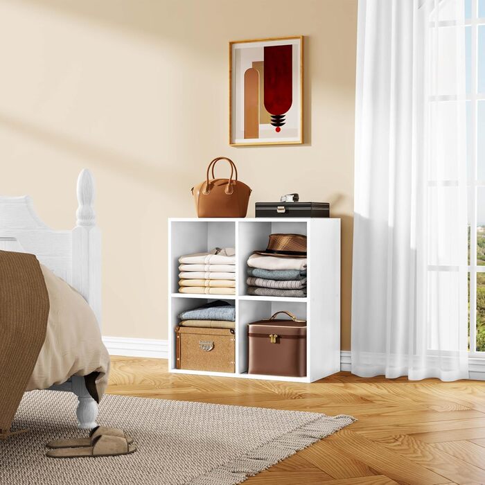 Книжкова полиця WOLTU з 4 кубами, дерев&39яна система зберігання в скандинавському стилі, самонесуча, із захистом від перекидання, для спальні, вітальні, кабінету, офісу, біла, 60 x 60 x 30 см, 4 відділення (29 Г x 59,6 Ш x 59,8 В см) Біла