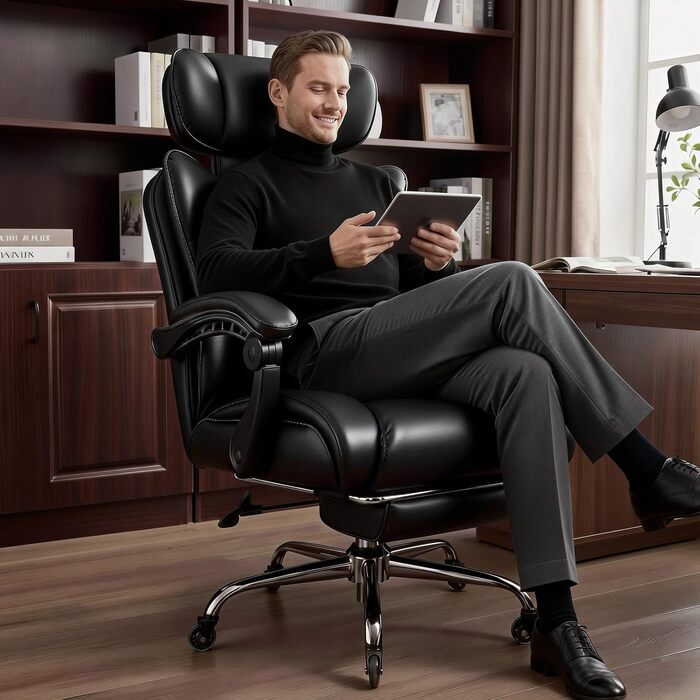 Офісне крісло BASETBL 200 кг, крісло керівника з 4-рівневою газовою пружиною, 3D-підлокітники, регульована поперекова опора та підголівник, тихі гумові ролики, широке сидіння XXL, EN12520, ергономічне офісне крісло чорного кольору з гумовими роликами