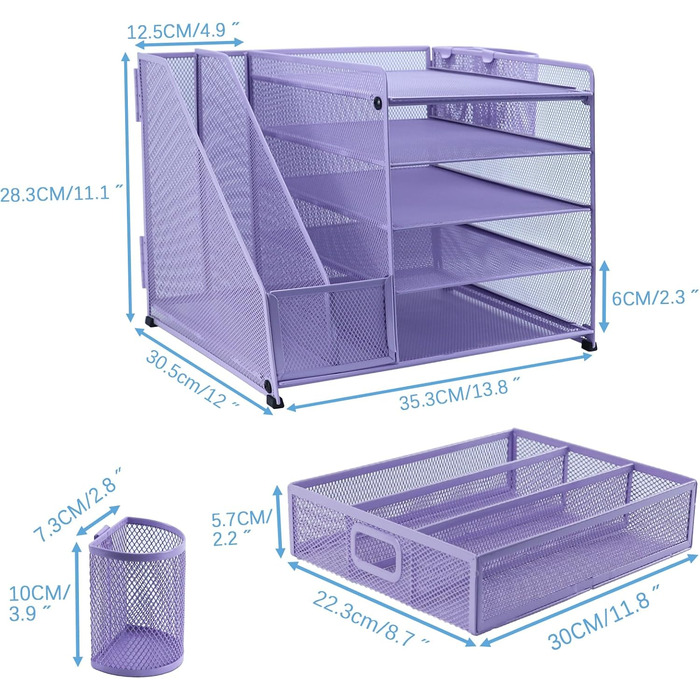 Органайзер для столу, тримач для файлів з 2 тримачами для ручок, 5 рівнів, лоток для паперів та листів з шухлядою, сітчастий настільний органайзер з тримачем для журналів та канцелярського приладдя, фіолетовий/фіолетовий, 5 рівнів
