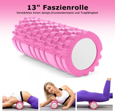 Ролик для фасції, Qveetry 6 в 1 пінопластовий ролик, набір роликів для фасції з масажною роликовою палицею, стрічки опору для силових тренувань, масажний м&39яч, фітнес-стрічки, пінопластовий ролик 33 см для йоги, пілатесу, спорту, рожевий