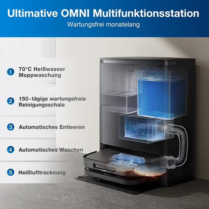 Вакуумний робот ECOVACS DEEBOT X5 Omni з функцією миття підлоги, сила всмоктування 12 800 Па, технологія ZeroTangle, миття країв T