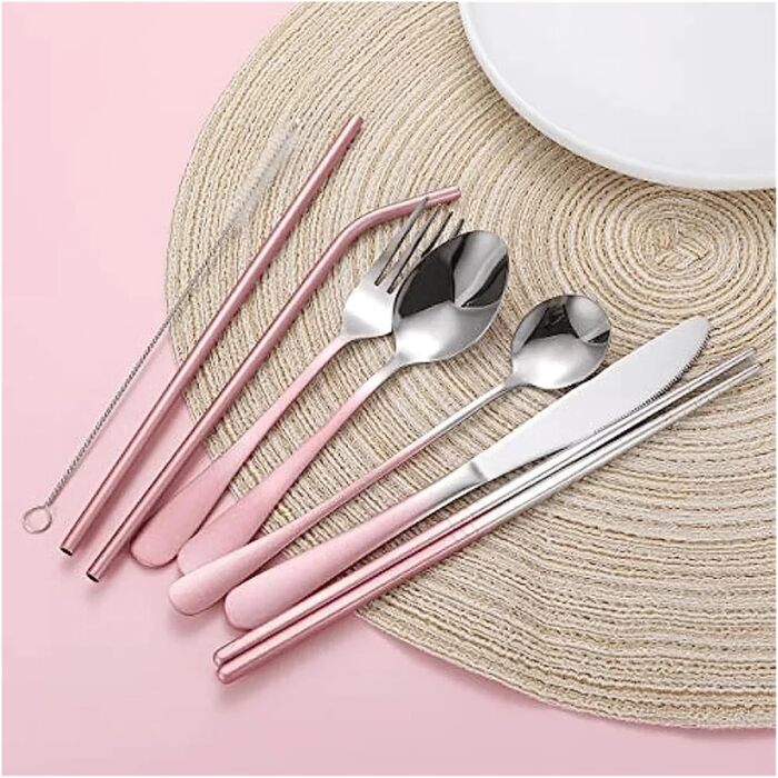 Універсальний набір дорожнього посуду багаторазові портативні столові прибори з футляром для обіду, кемпінгу, школи та пікніків (градієнтний світло-блакитний)