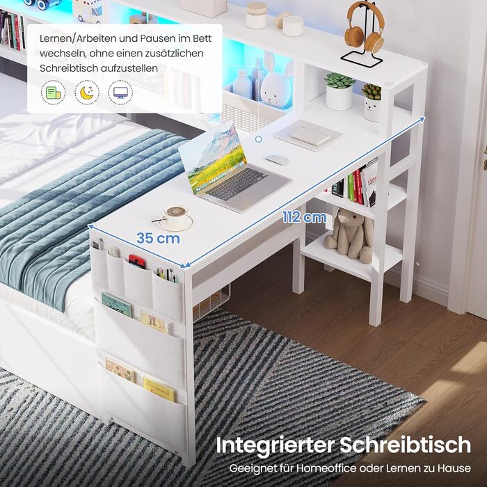 Диван-ліжко зі світлодіодним освітленням та зарядною станцією, дитяче ліжко 90x200 см зі столиком 35x112 см та двома великими шухлядами, ліжко 90x200 з кушеткою та м&39яким узголів&39ям, білий колір