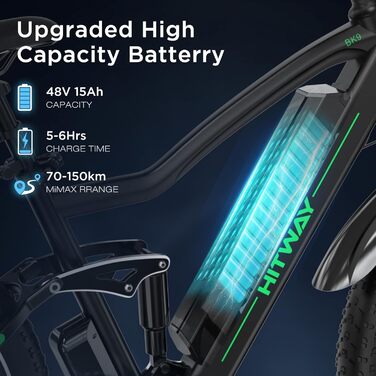 Електричний велосипед HITWAY E-Bike для дорослих 26 дюймів 4.0 Fat Tire, гірський електричний велосипед 48V 15Ah, Pedelec, 7 швидкостей, до 70-150 км, зарядний пристрій акумулятор 48V 15Ah, чорний