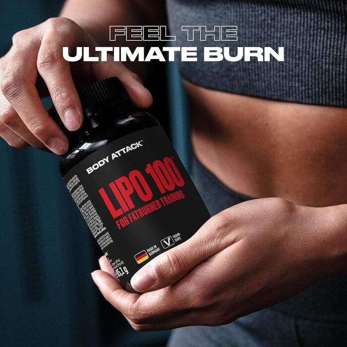 Капсули для спалювання жиру Body Attack LIPO 100 - з ліпохліном, 200 мг кофеїну, екстрактом женьшеню та зеленого чаю - додаткові вітаміни групи В та цинк - для тренувань та дієти - виготовлено в Німеччині 120 капсул (1 упаковка)