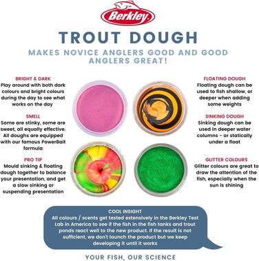 Сезонний набір Berkley PowerBait Trout Dough, 4 кольори та смаки для цілорічного лову форелі, ароматизована, пластична наживка, підходить для всіх рівнів майстерності (весна).