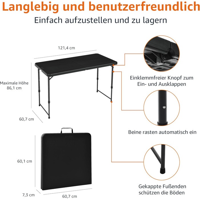 Розкладний стіл Storeo Basics, прямокутний, регульований по висоті в 4 напрямках з ручкою для перенесення, для використання в приміщенні та на вулиці, портативний, легкий, дорожній стіл, для пікніка, кемпінгу, чорний, 121,4 x 60,7 x 86,1 см, 1,2 м, митий 