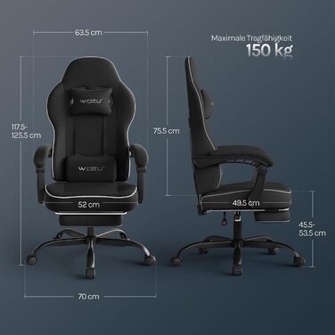 Ігрове крісло WOLTU, тканина зі зручною пружинною подушкою, прохолодне влітку, ергономічне ігрове крісло високої вантажопідйомності з підголівником, поперековою подушкою, підставкою для ніг, технічна тканина, чорний колір