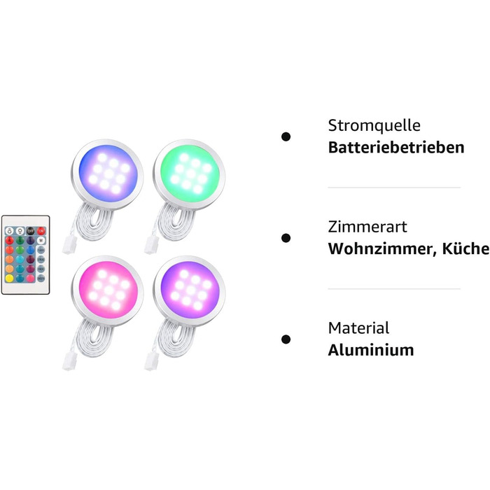 Комплект світлодіодного освітлення шафи Lixada 4PCS RGB з пультом дистанційного керування для навісної шафи книжкової шафи, тонкої круглої форми під шафою, що змінює колір світла, регулюється яскравість, що регулюється. 4 шт.