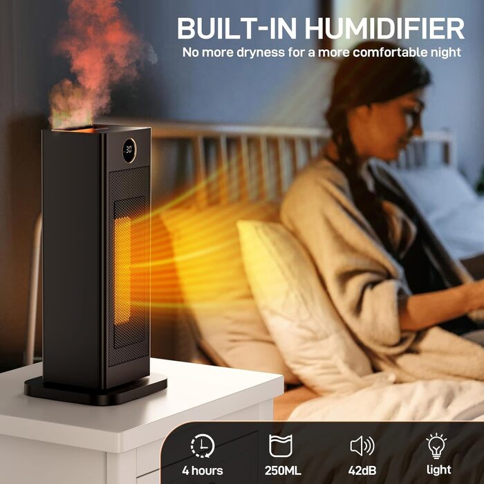 Енергозберігаючий невеликий електричний вентилятор-обігрівач LIFERUN з термостатом та зволожувачем, коливальний електричний обігрівач 90, керамічний нагрівальний елемент PTC, тихий, режим ECO, для спалень, M-2000 Вт