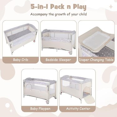 Дитяче ліжечко FANTASK 5 в 1, приліжкове ліжечко з колесами, ігрова арка та пеленальний килимок, дорожнє ліжечко з матрацом та сумкою для перенесення, мобільне дитяче дорожнє ліжечко для малюків до 3 років (бежевий)