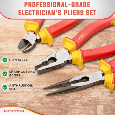 Набір електромонтажних пасатижів (3 шт.), професійні ізольовані, з сертифікацією VDE довгі, гострогубці та бічні кусачки
