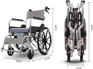 Ручний кондиціонер з туалетом, з паркувальними ручними гальмами, 20-дюймовими задніми колесами, поворотними підніжками, самохідний для інвалідів та людей похилого віку Grey