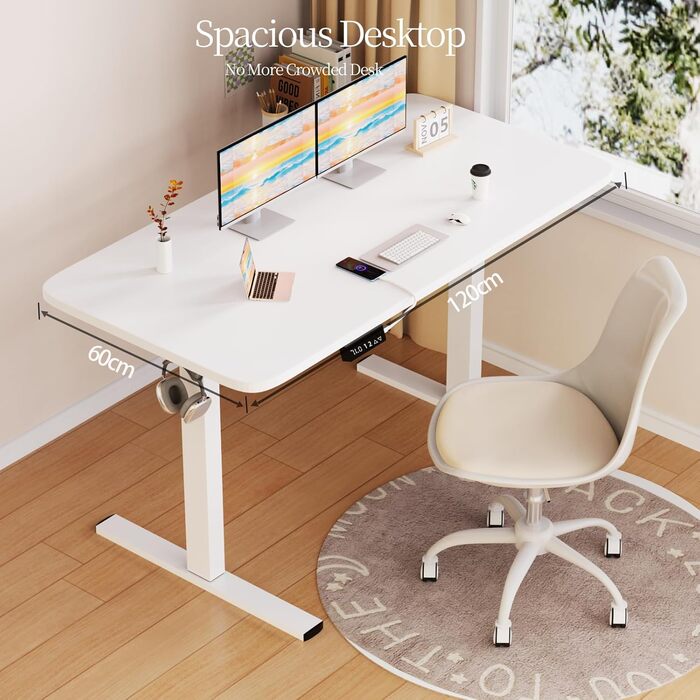 Електрично регульований по висоті стіл 120x60 см з функцією пам&39яті та портом зарядки USB, ергономічний стіл з регульованою висотою для роботи сидячи та стоячи, білий, для домашнього офісу, 120 x 60 см