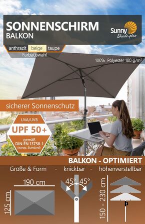 Парасолька 4smile Parasol Balcony SunnyShade Plus 200 x 125 см для захисту від ультрафіолету UV50 із захисним чохлом  темно-коричнева