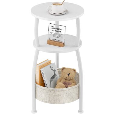 Круглий приставний столик, 3-ярусний круглий маленький столик, маленький журнальний столик, тумбочка біля ліжка, з тканинною кишенею, столик для вітальні, тканинний кошик, диванний столик для декору кімнати, дерево, метал, сучасний (білий)