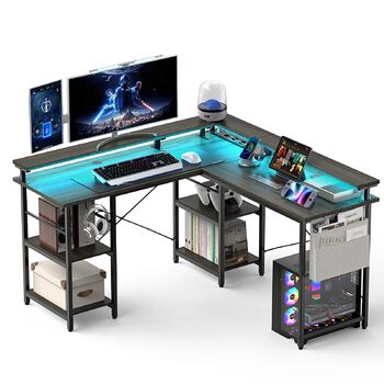 Ігровий стіл зі світлодіодним освітленням та розетками, 140 x 140 см, комп&39ютерний стіл з підставкою для монітора для домашнього офісу, спальні, вітальні, сірий, 140 x 140 x 85 см