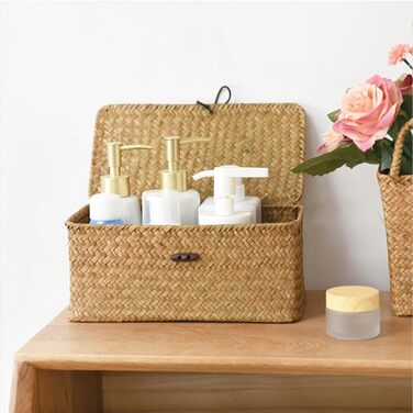 Кошики для зберігання морської трави, плетена коробка для зберігання з ротанга з кришкою та ручкою, прямокутний кошик з морської трави, полиця для зберігання одягу, косметики, книг, 3