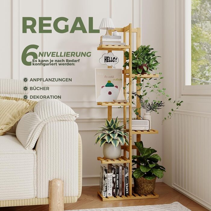 Підставка для рослин Bamworld, підставка для квітів, бамбукова полиця для рослин, кімнатна полиця для квітів, невелика металева підставка для квітів для тераси, саду, балкона, вітальні, спальні (6 ярусів), бамбук, 6 ярусів