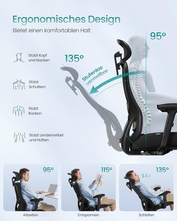 Ергономічне офісне крісло SONGMICS, стілець для роботи, комп&39ютерне крісло, регульований поперековий відділ та підголівник, вантажопідйомність до 150 кг, регульована висота, чорний колір OBN066BH01