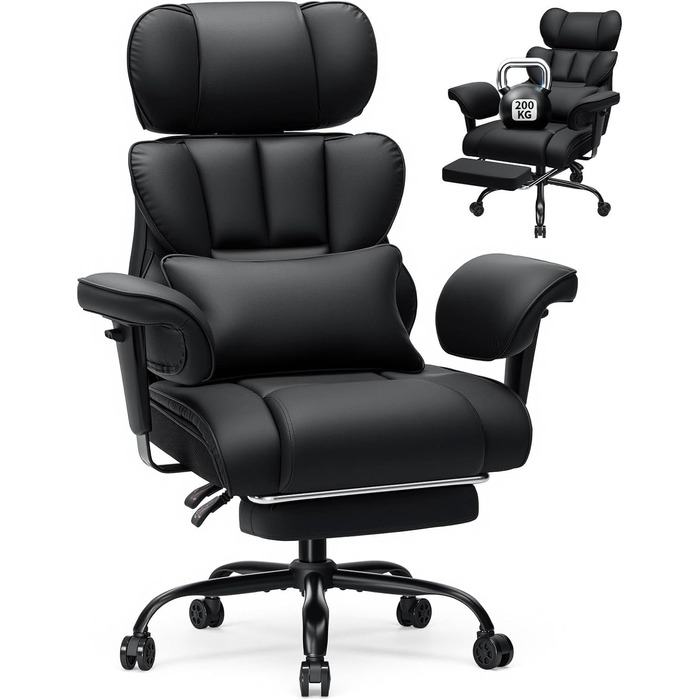Ергономічне офісне крісло HOFFREE, до 200 кг, штучна шкіра, чорний